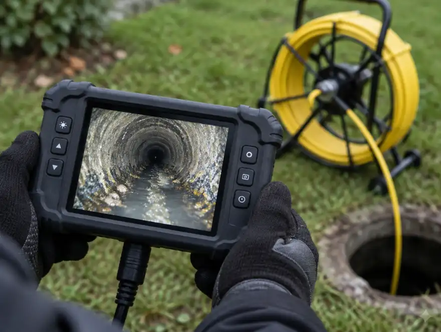 Gloved hands holding a sewer inspection camera monitor