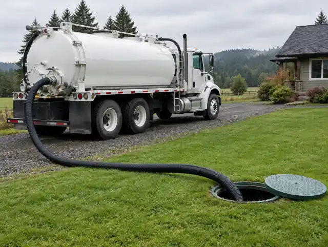 Vacuum pump truck with a suction hose running to an open septic tank riser on a rural lawn